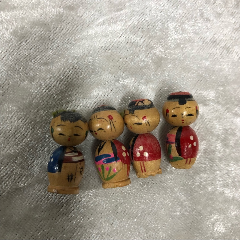 Vintage Kokeshi Hand-Painted Wooden Figurines - Red, Blue, Green Accents